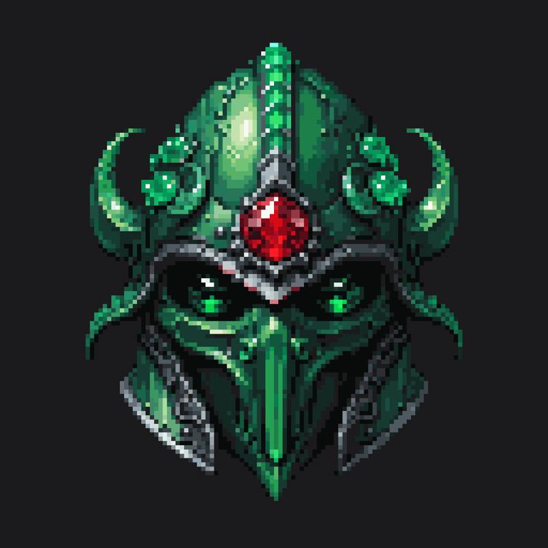 palettized-0275-995944428-pixel art, cartoon illustration, front view of green helmet, lovecraft, jade Cthulhu, ruby gems, simple black background, game i.png